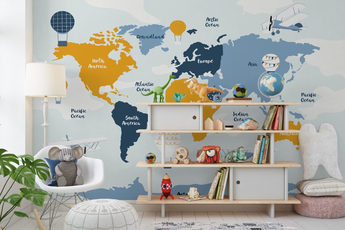 Fototapeta Kolorowe kontynenty z nazwami mapy świata