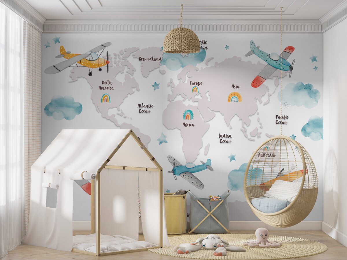 Fototapeta Samoloty i nazwy kontynentów na mapie świata