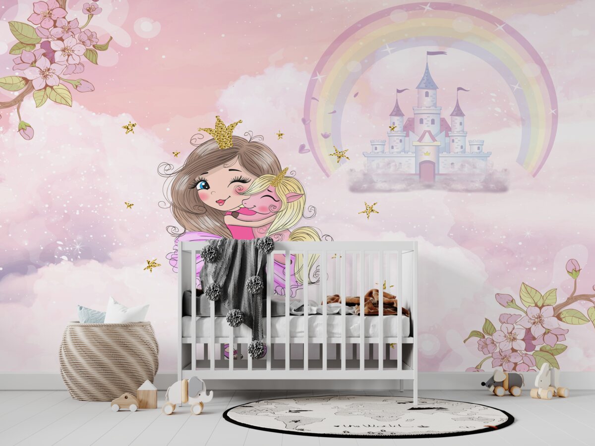 Fototapeta Wróżka i jej przyjaciel jednorożec w pobliżu zamku