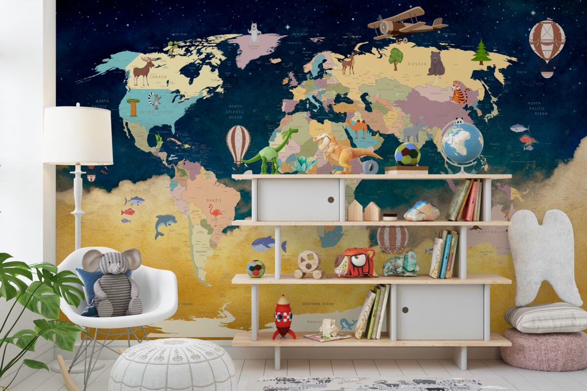 Fototapeta Mapa świata w kolorze niebieskim i żółtym