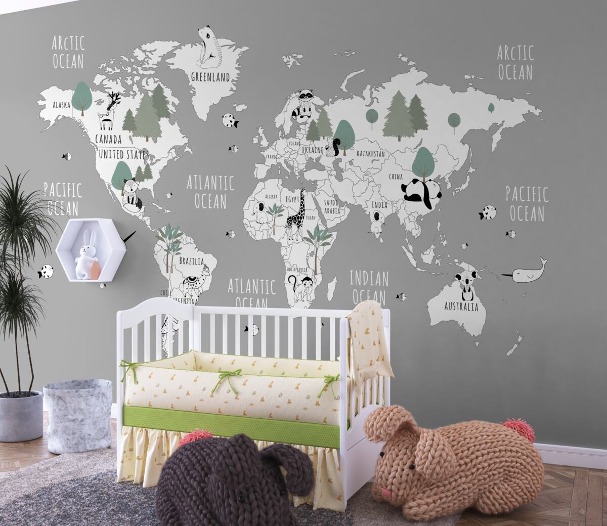 Fototapeta Biała mapa świata z pandami