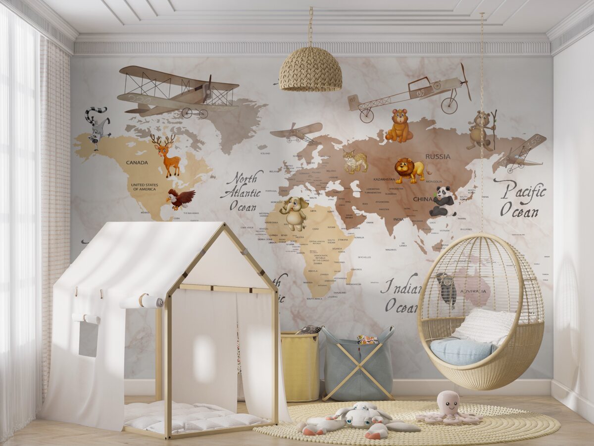 Fototapeta Mapa świata i główni mieszkańcy kontynentów