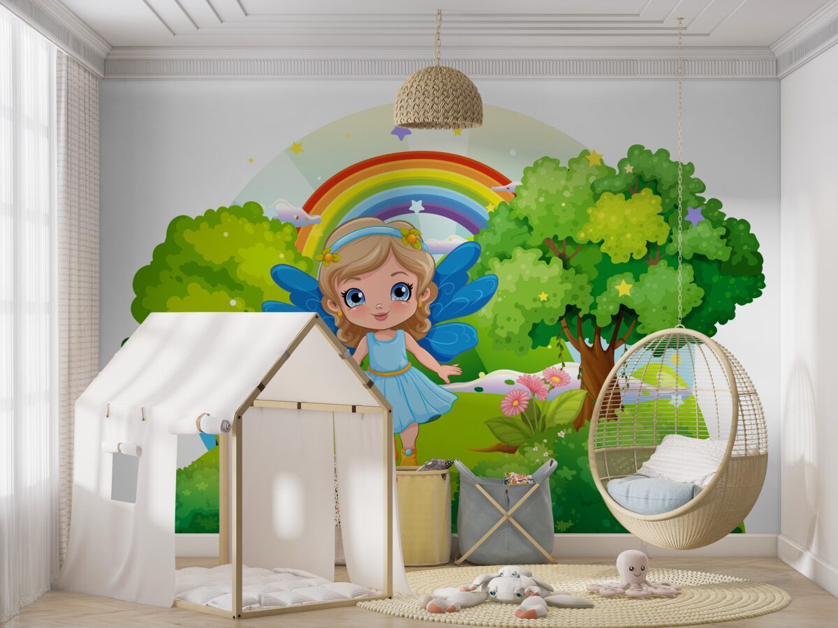 Fototapeta Wróżka w zielonym ogrodzie obok tęczy