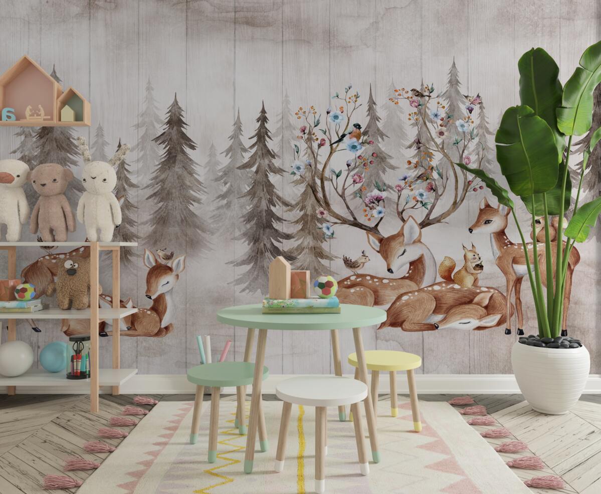 Fototapeta Duża rodzina jeleni odpoczywa w lesie