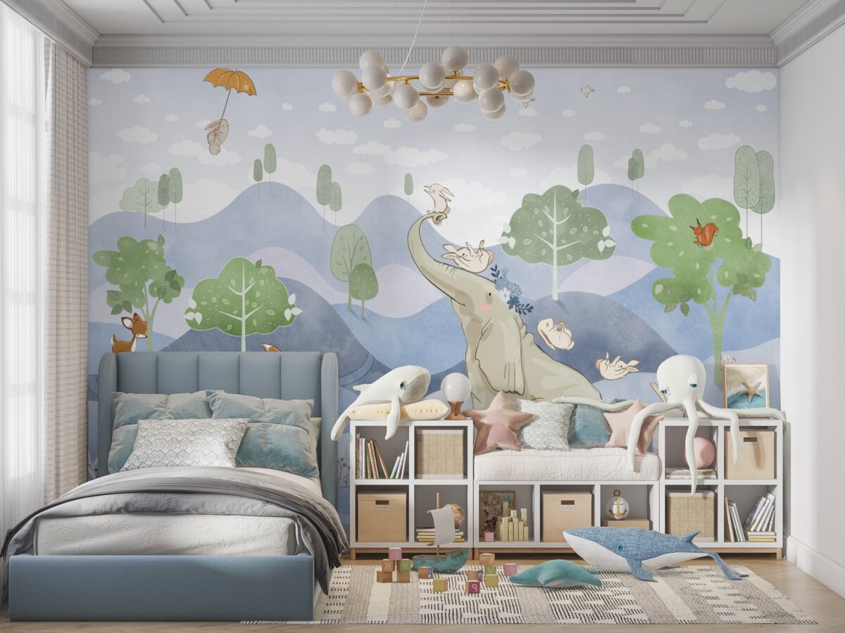 Fototapeta Słoń spaceruje z młodszymi przyjaciółmi