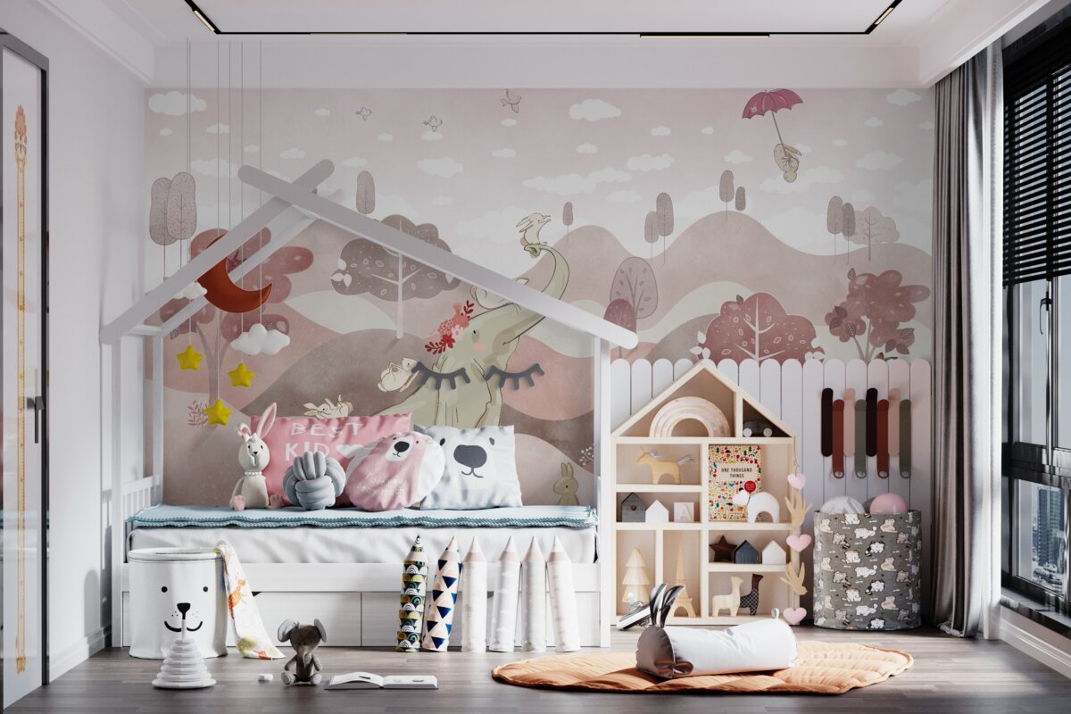 Fototapeta Po polach wędrują słonie i króliczki