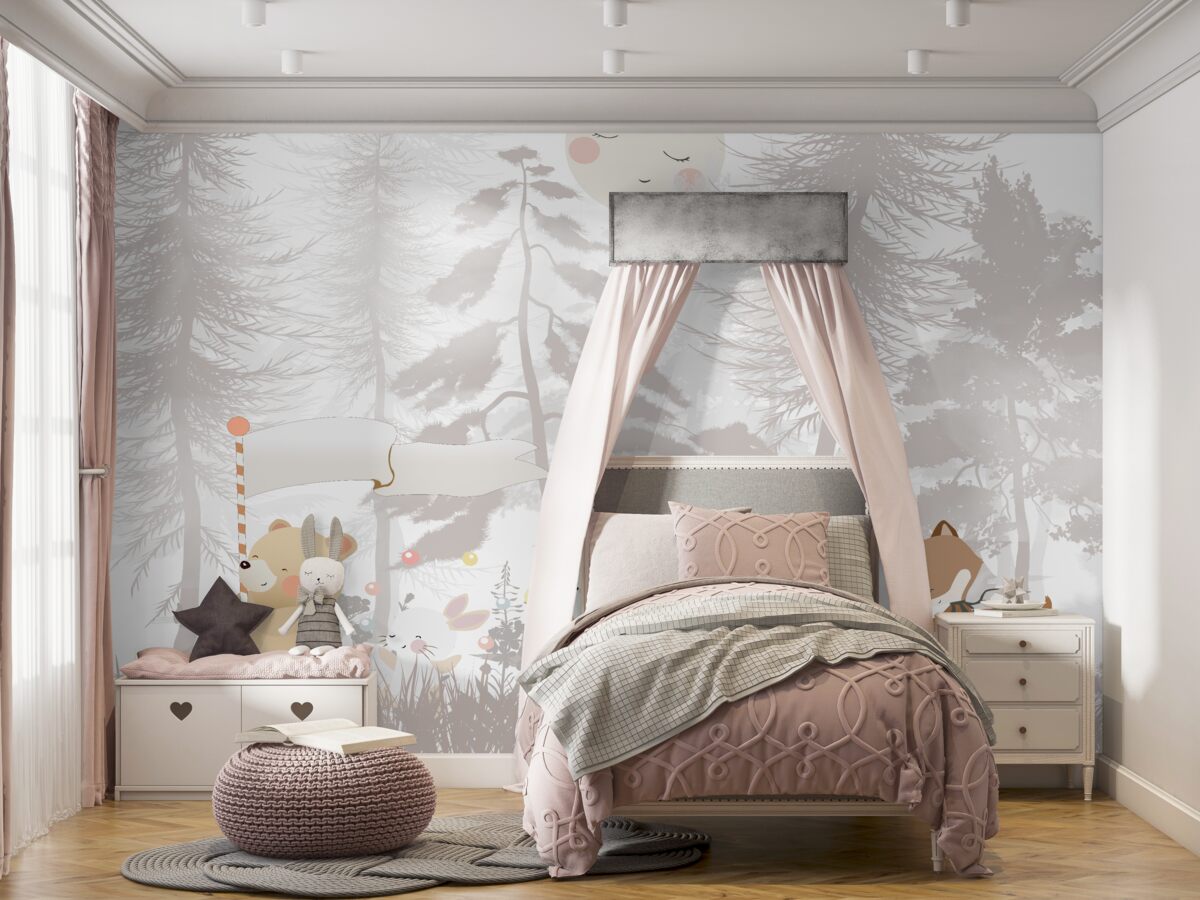 Fototapeta Zwierzęta spacerujące po mglistym lesie