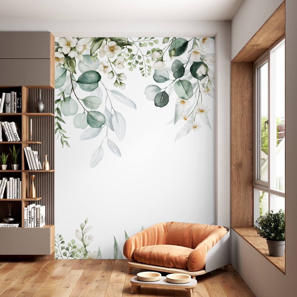 Fototapeta Białe kwiaty i eukaliptus