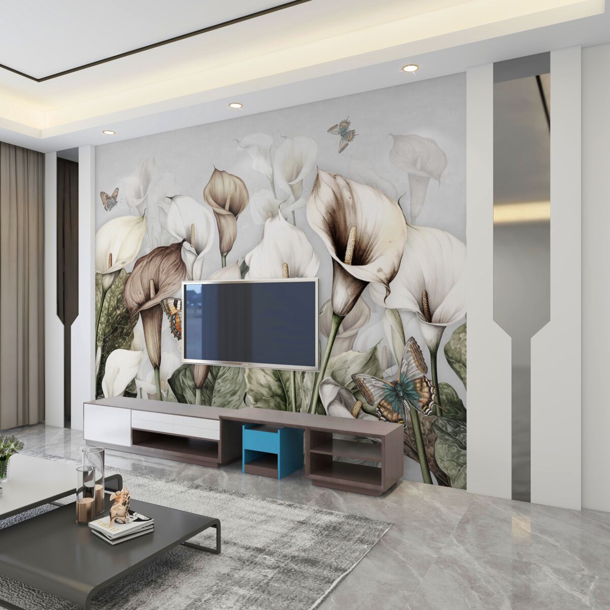 Fototapeta Białe i brązowe kalie z motylami