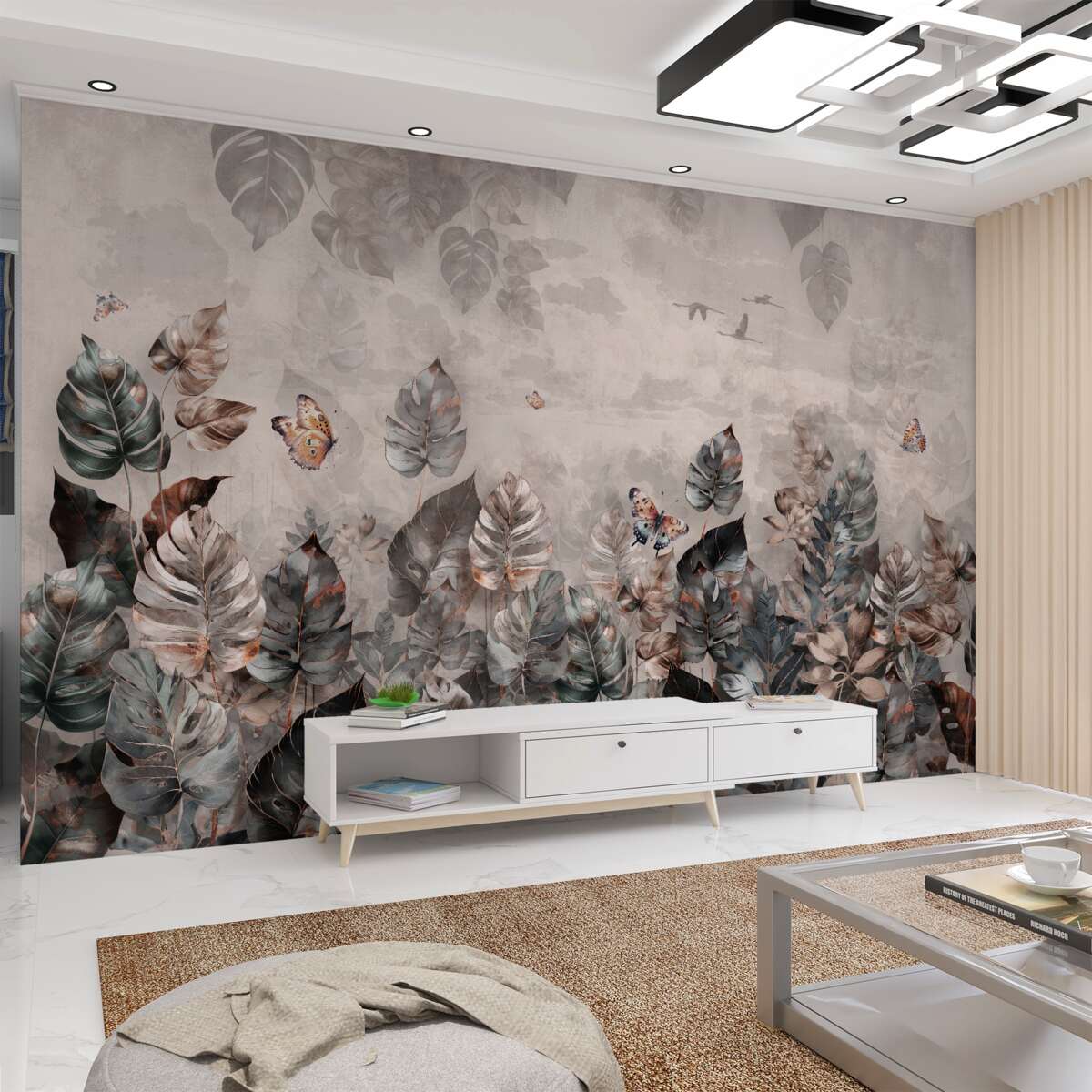 Fototapeta Roślinność tropikalna z motylami i ptakami