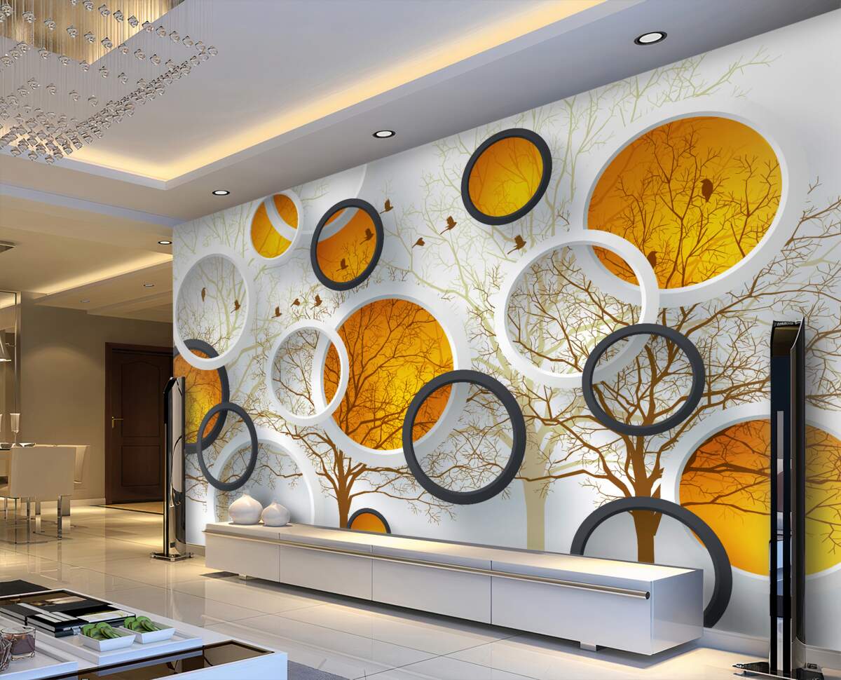 Fototapeta Jesienne drzewa i białe kółka z bursztynem