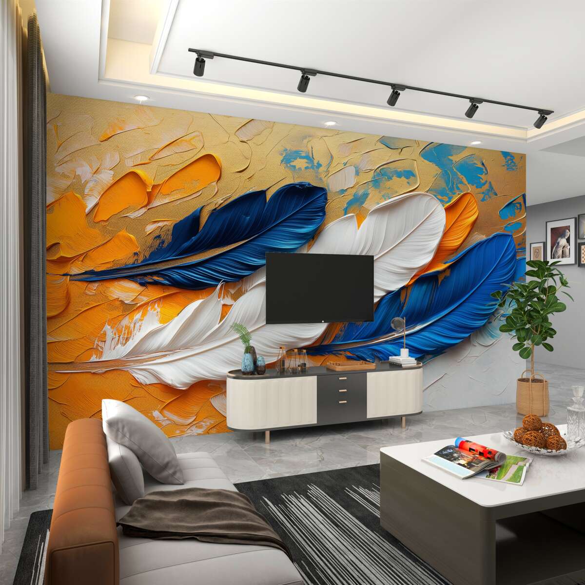 Fototapeta Białe i niebieskie pióra na farbie