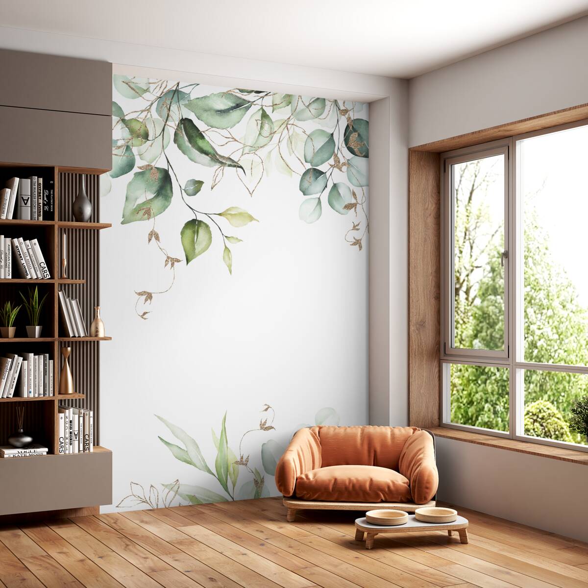 Fototapeta Zielone liście na białym tle akwareli