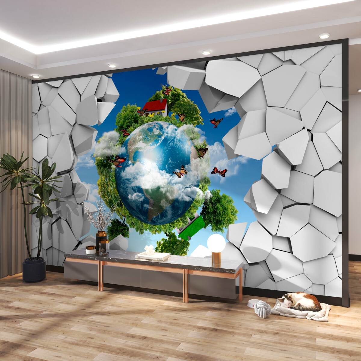 Fototapeta Kamienna ściana i planeta w kolorze zielonym