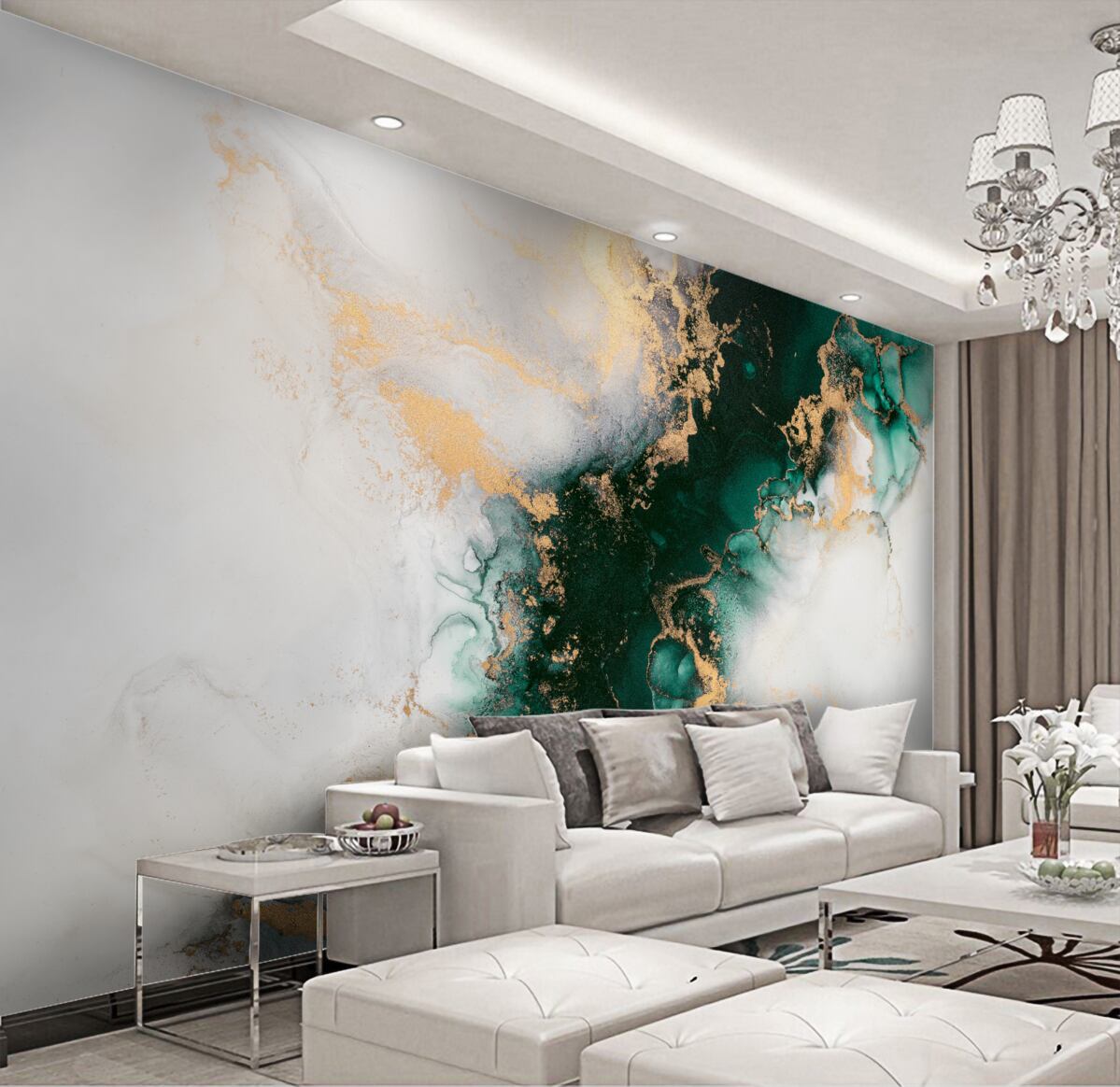 Fototapeta Szmaragdowe kolory na białym marmurze