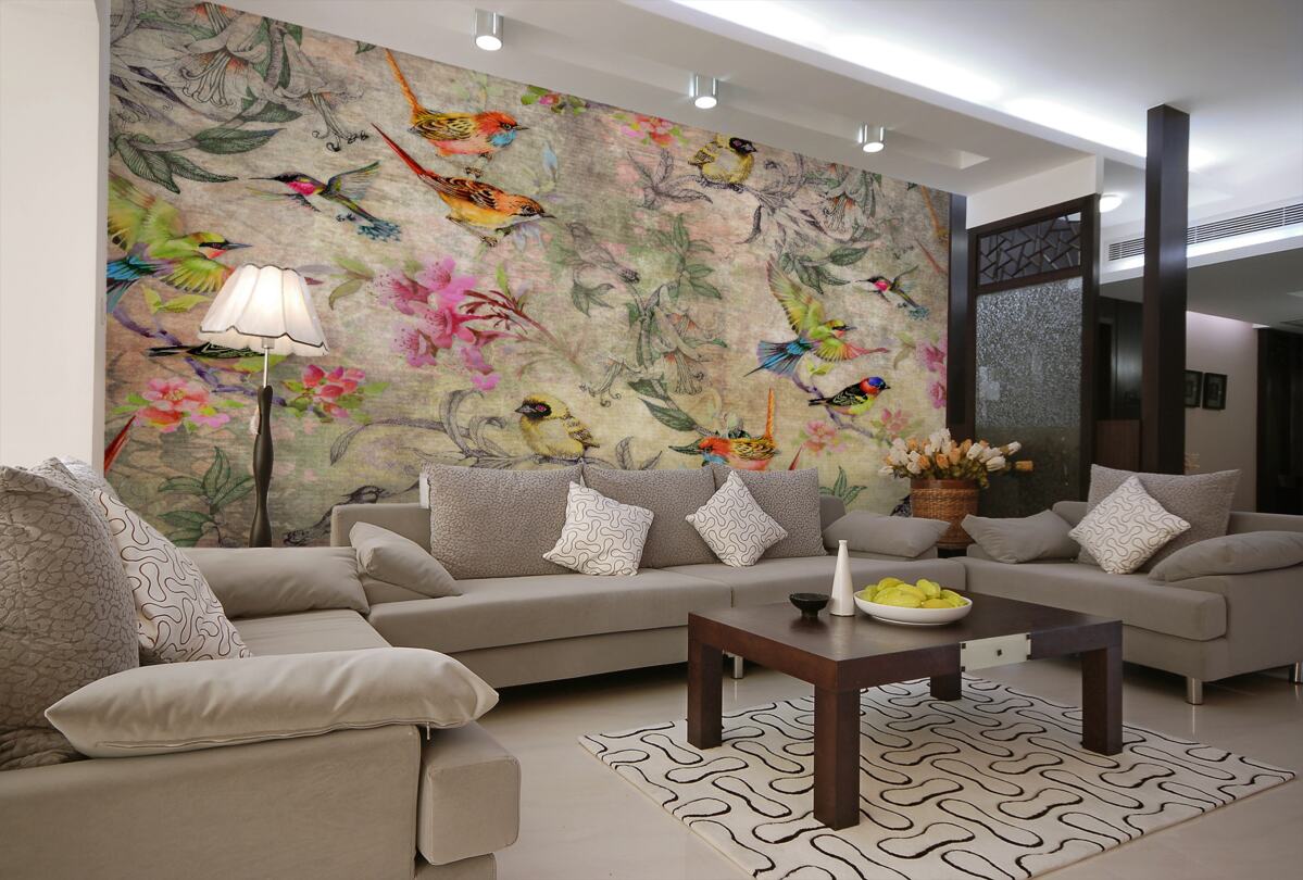 Fototapeta Stado tropikalnych ptaków na gałęziach