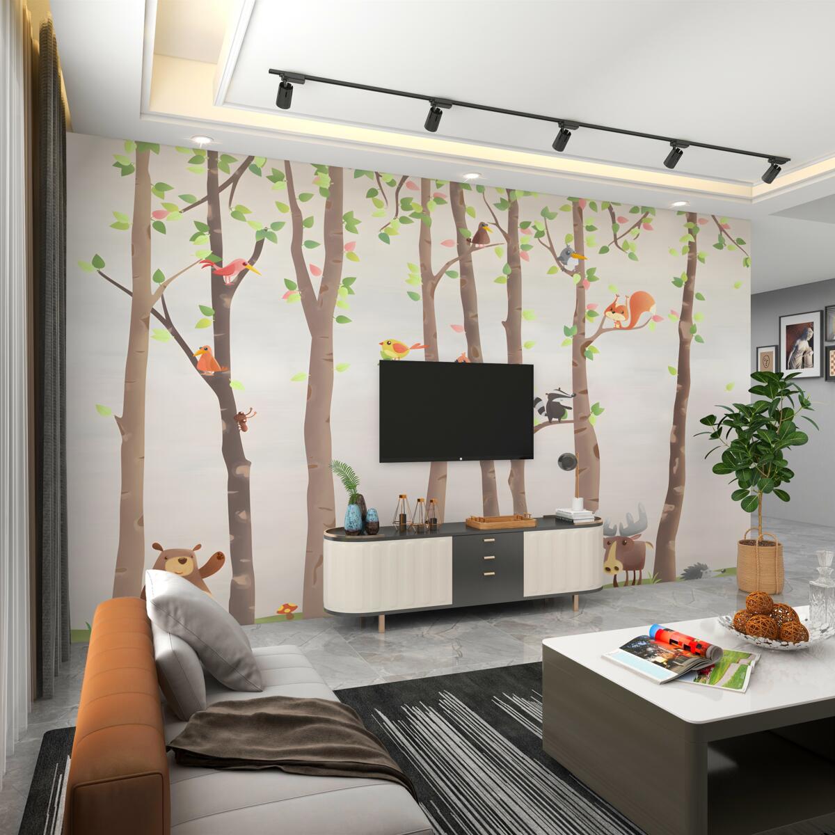 Fototapeta Smukłe drzewa z mieszkańcami lasu