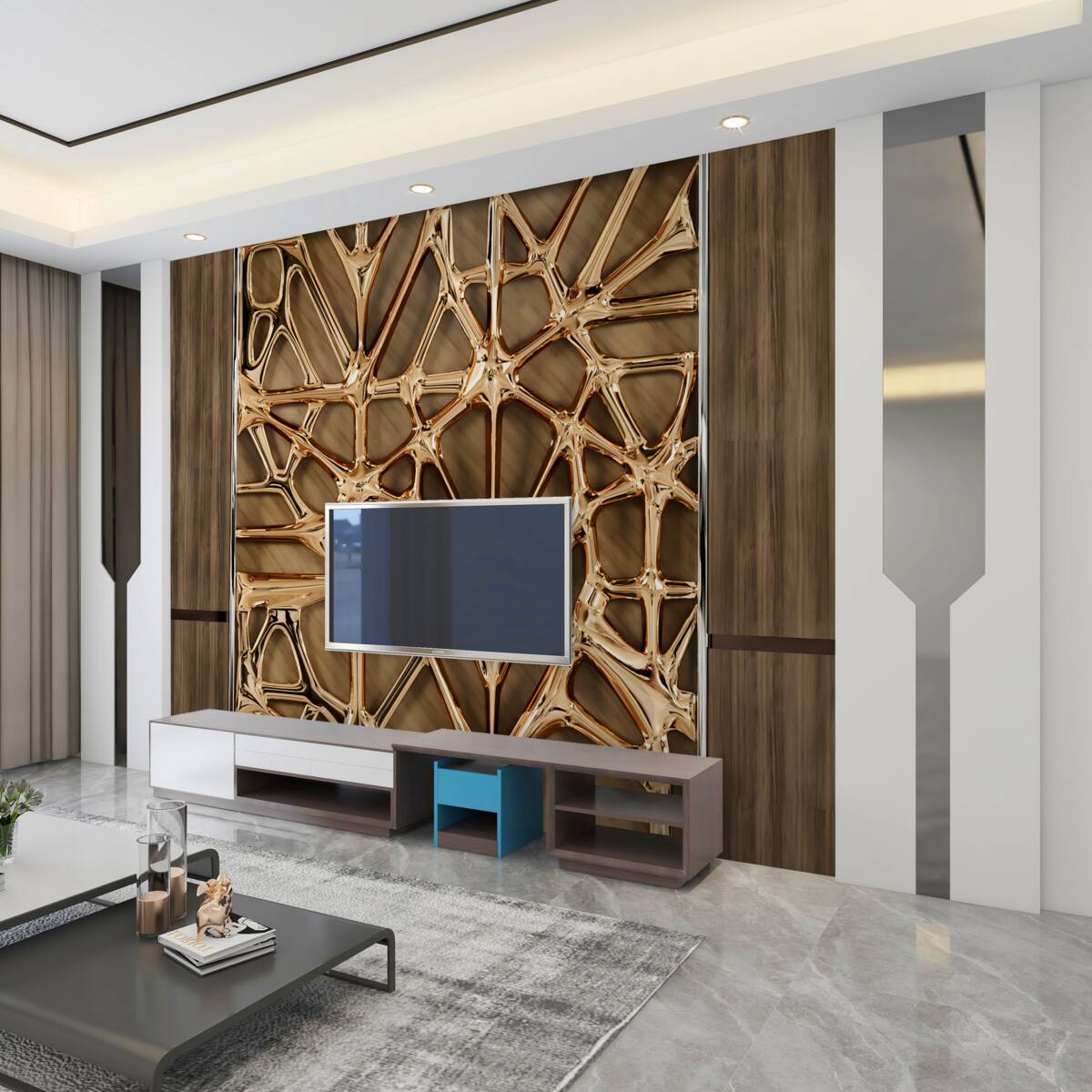 Fototapeta Złote abstrakcyjne linie na drewnie