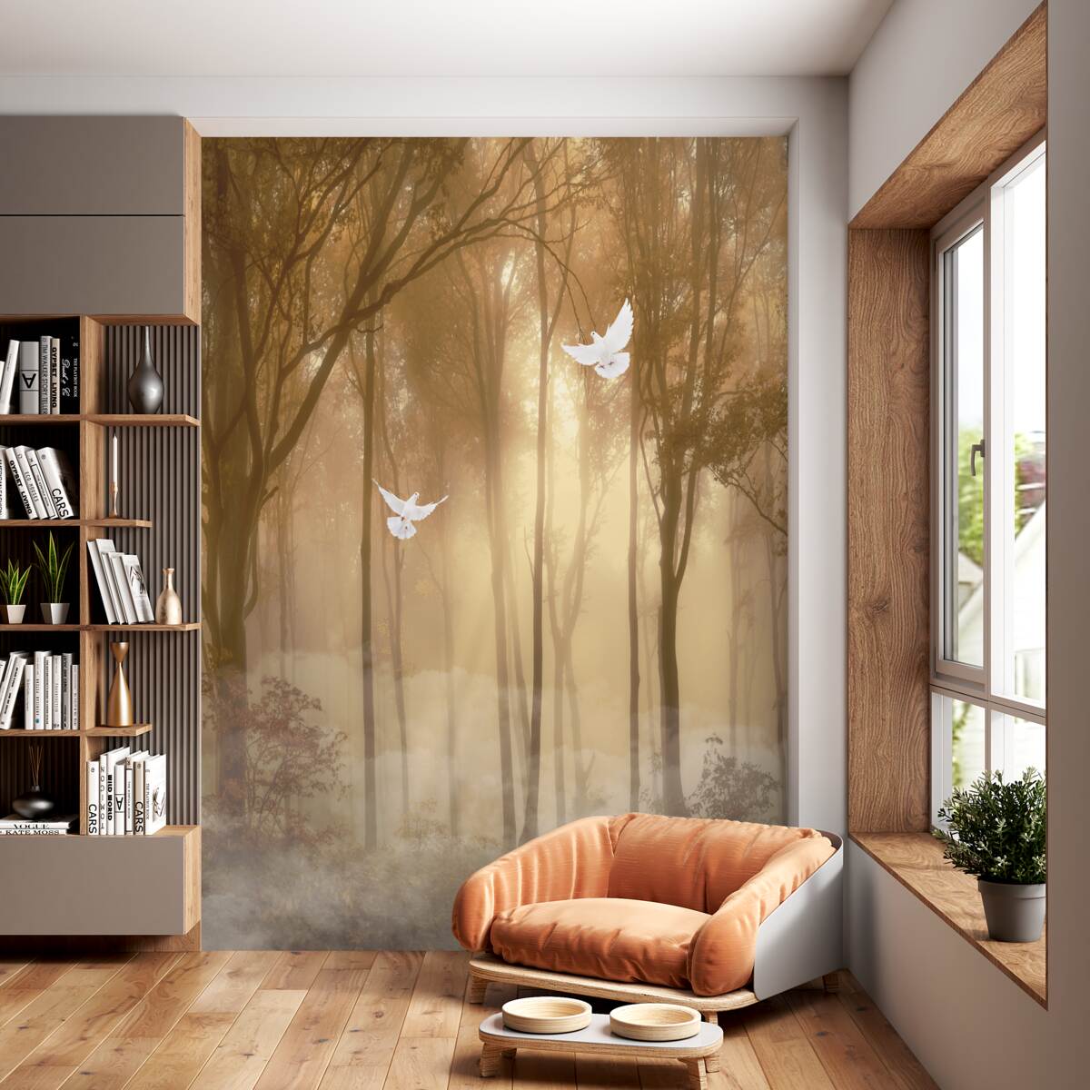 Fototapeta Gołębie latają nad mgłą