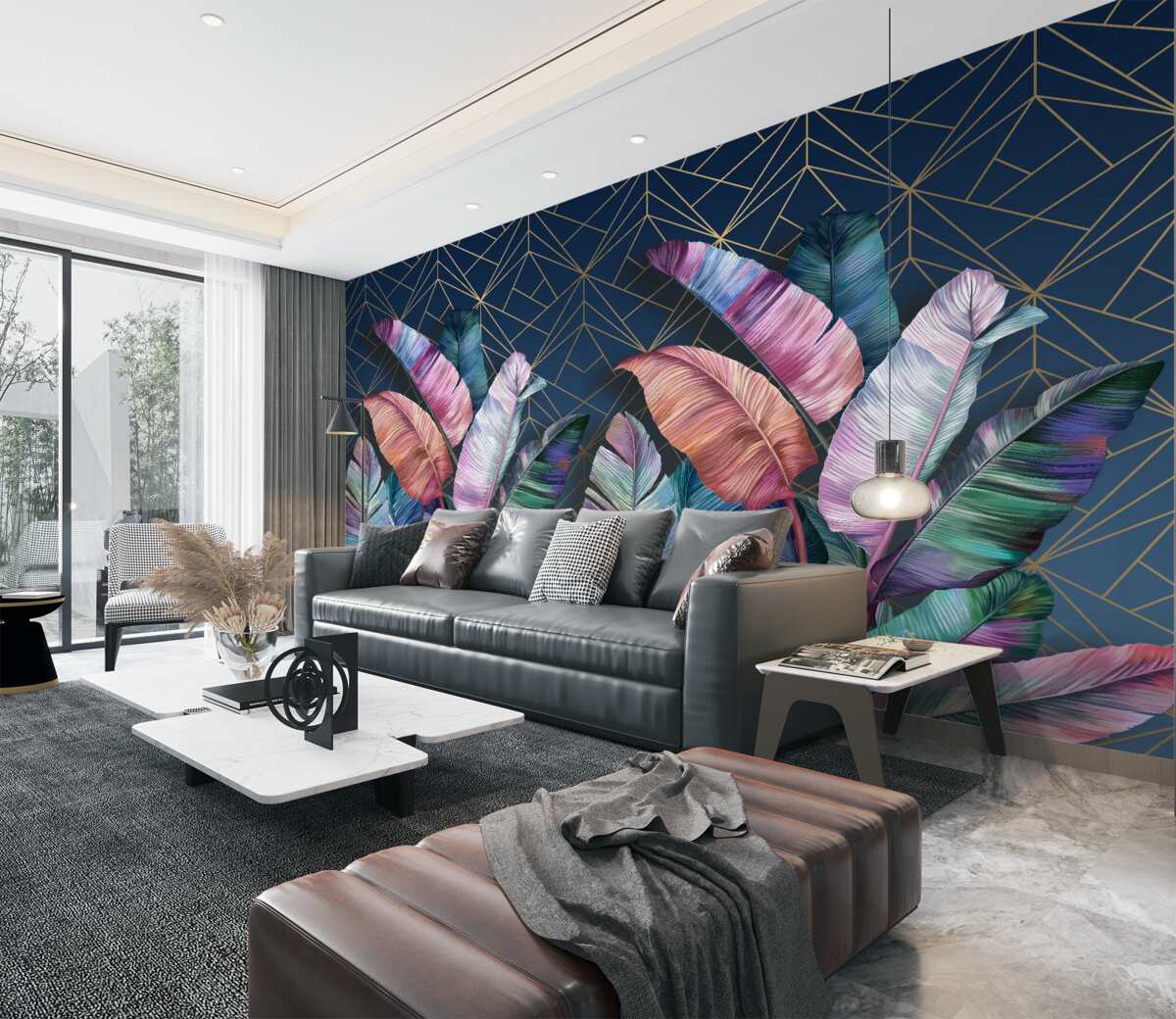 Fototapeta Jaskrawo kolorowe liście paproci w nocy