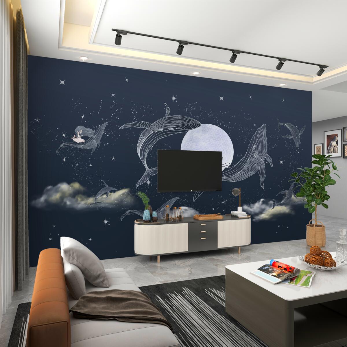 Fototapeta Wieloryby w pobliżu księżyca w nocy