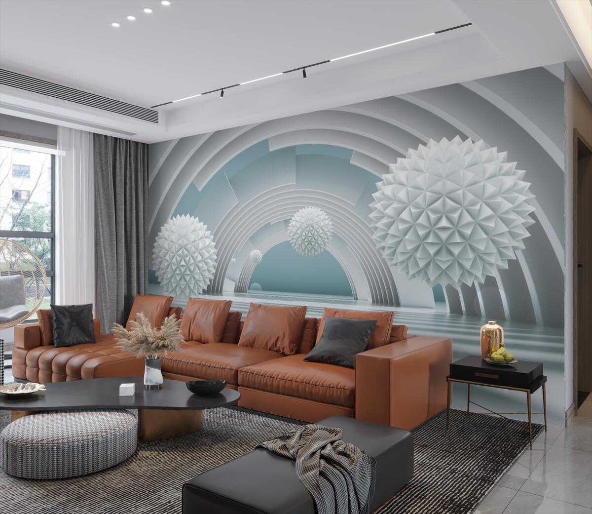 Fototapeta Pływające ostre kule i okrągły tunel