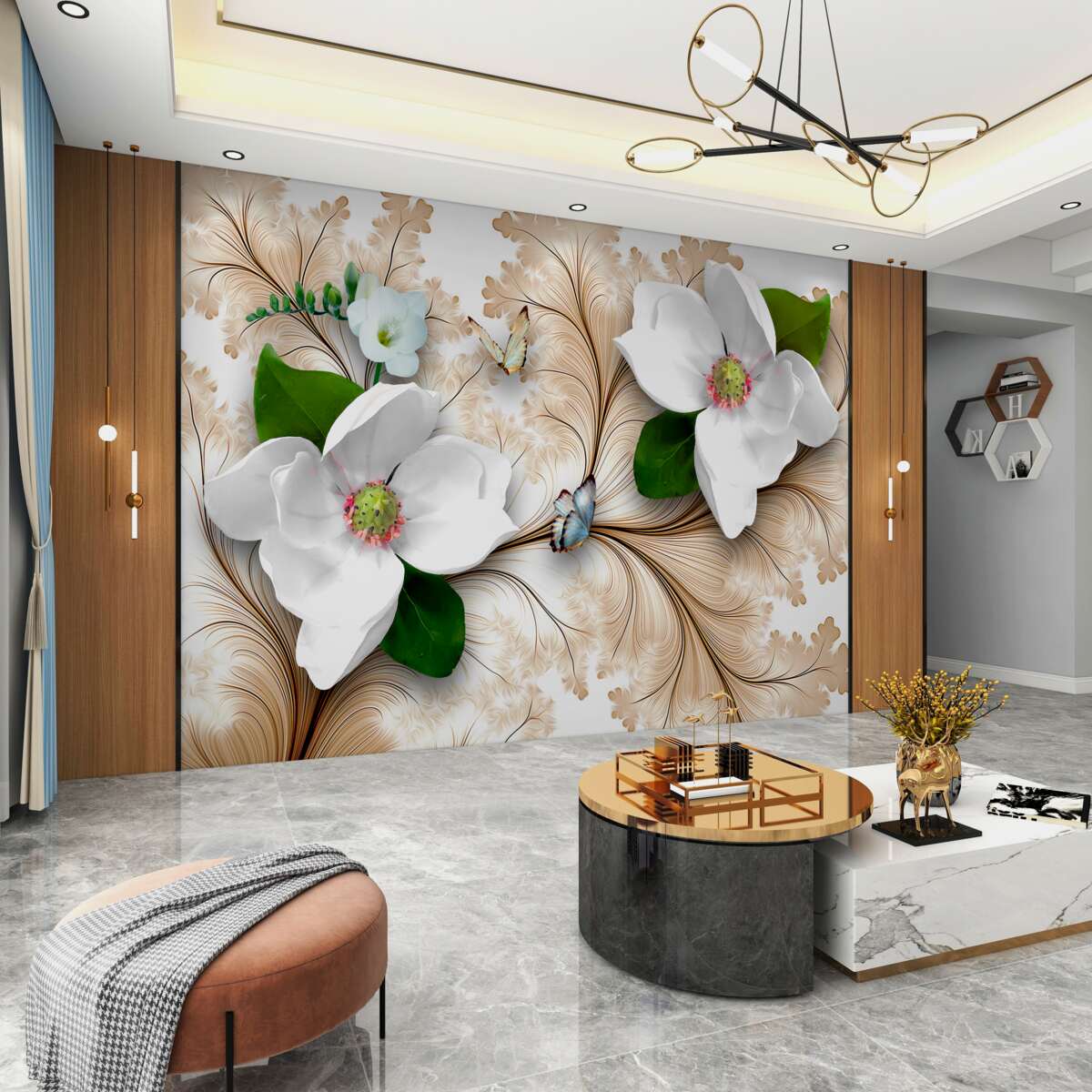 Fototapeta Jasne białe kwiaty na brązowym tle