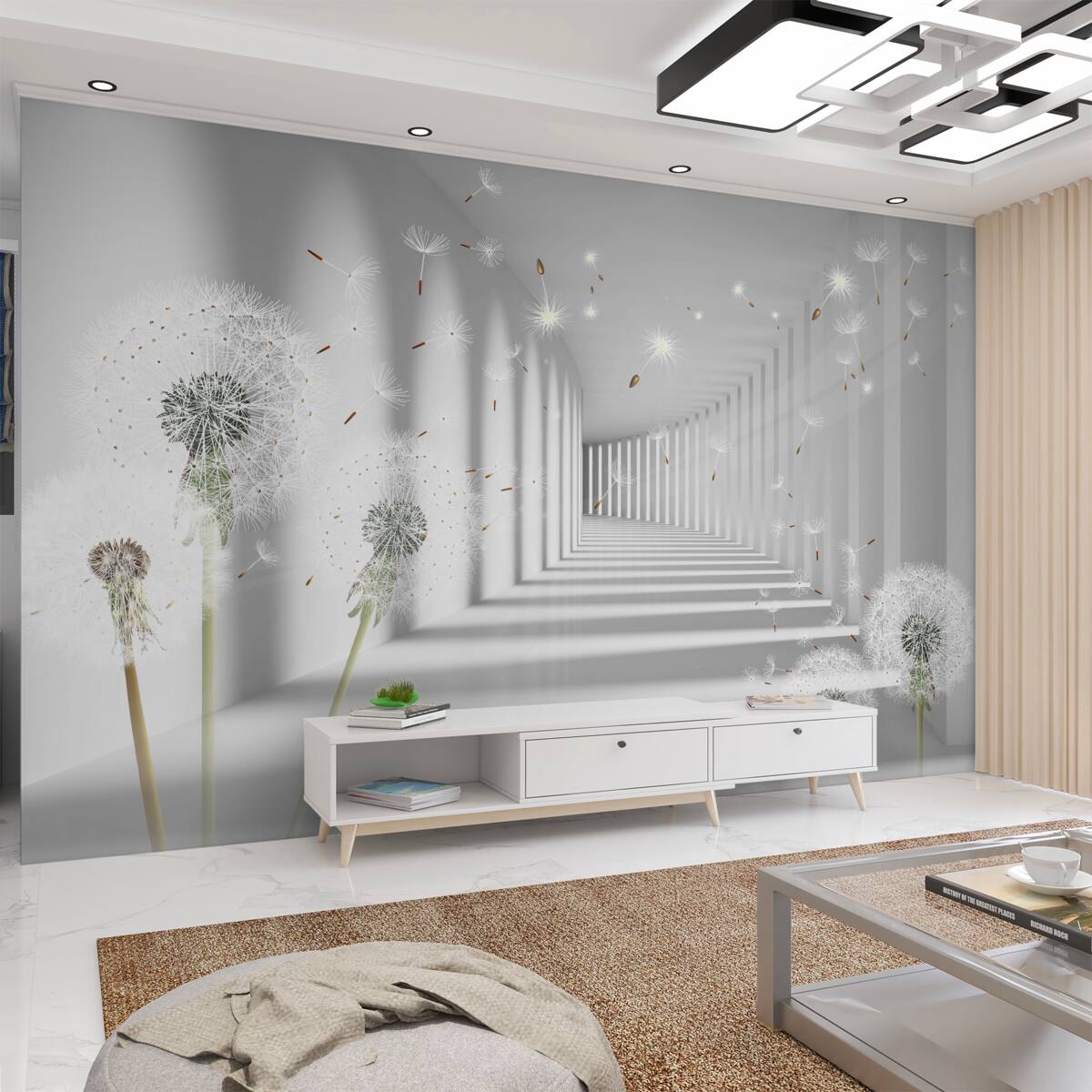 Fototapeta Płatki mniszka lekarskiego latają w tunelu