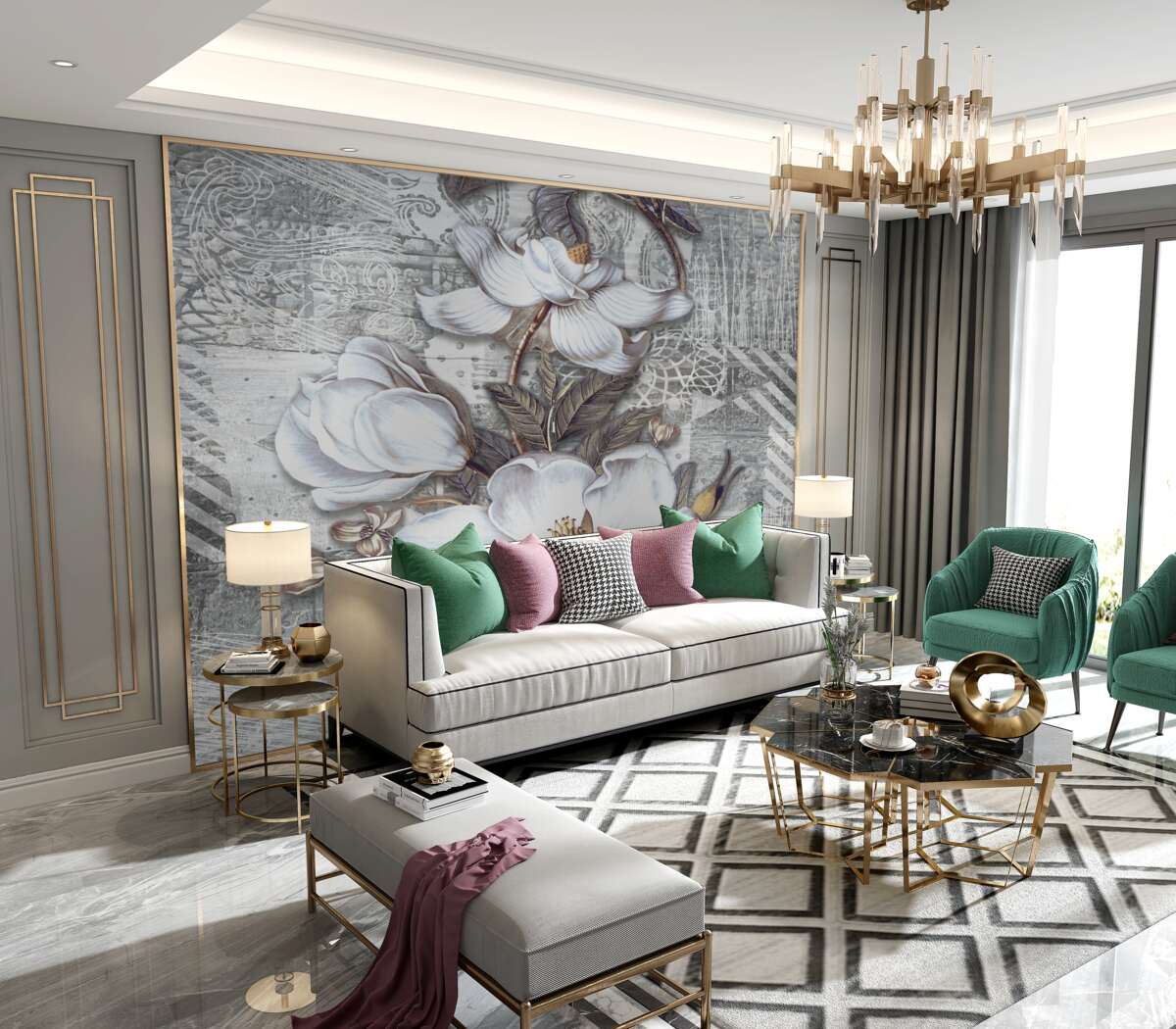 Fototapeta Białe kwiaty wolumetryczne na abstrakcyjnym tle