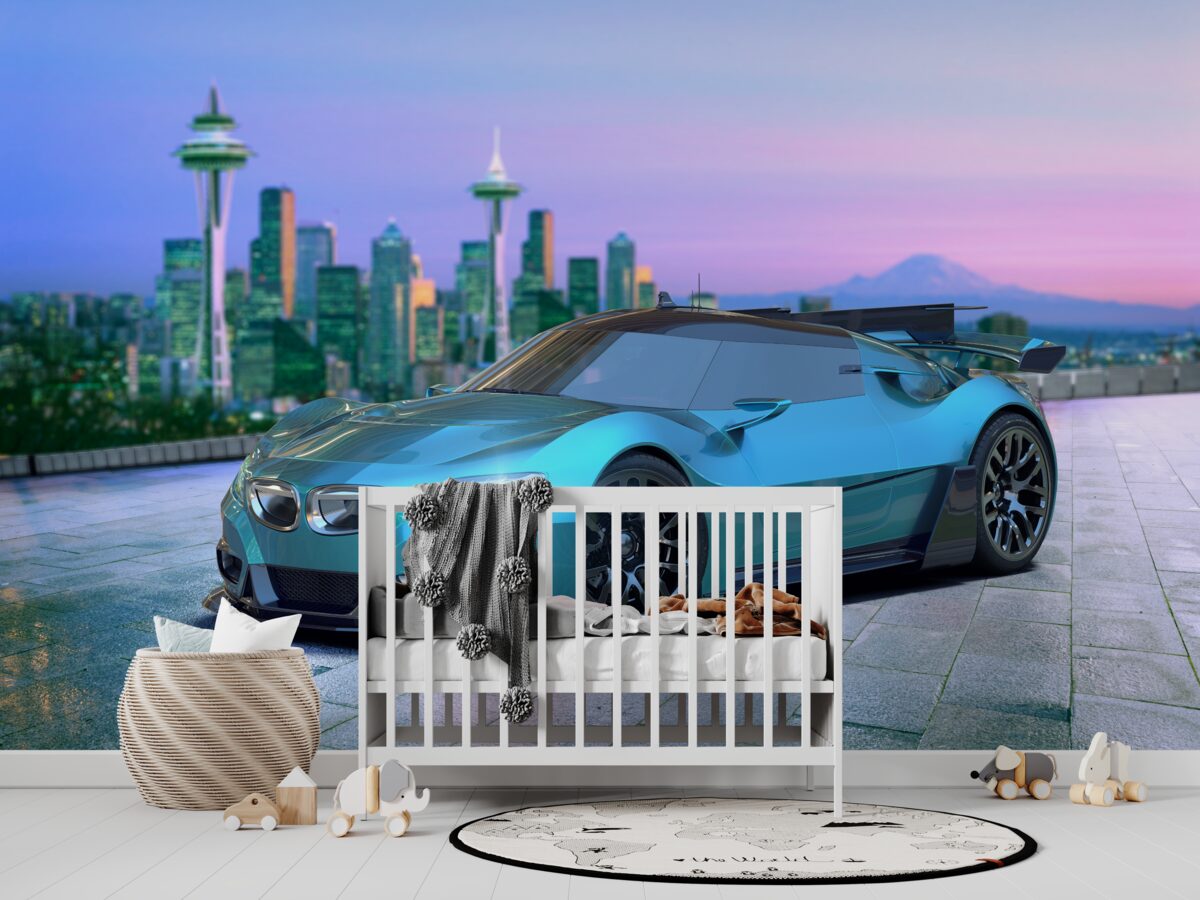 Fototapeta Niebieski samochód sportowy na tle miasta