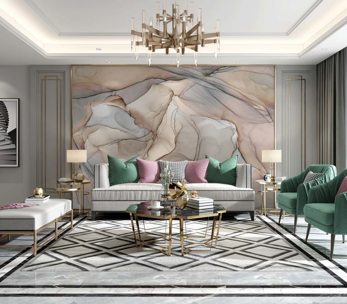 Fototapeta Różowa i niebieska plama na kremowym marmurze