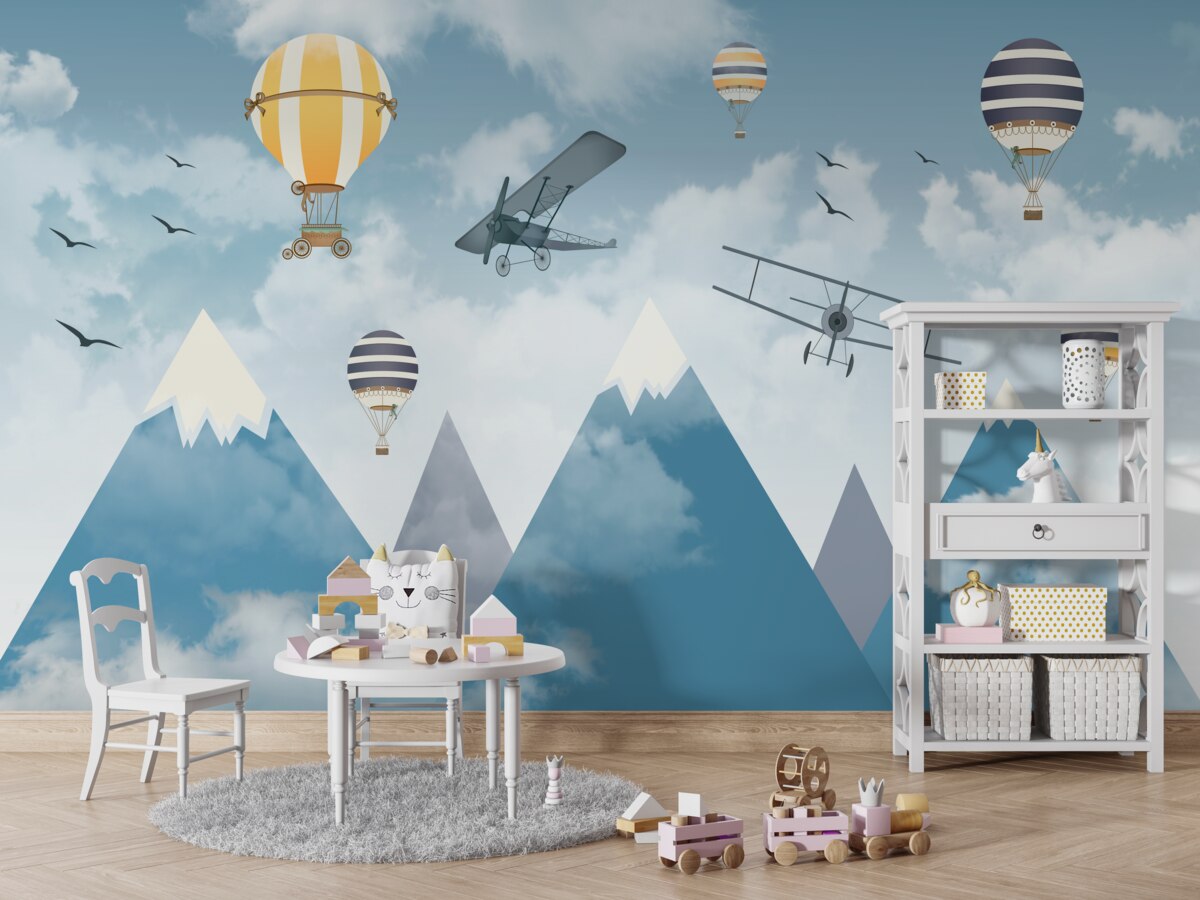 Fototapeta Latające samoloty i balony nad górami