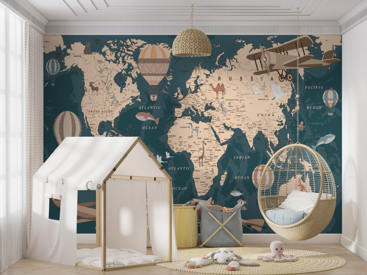 Fototapeta Mapa świata z transportem i mieszkańcami