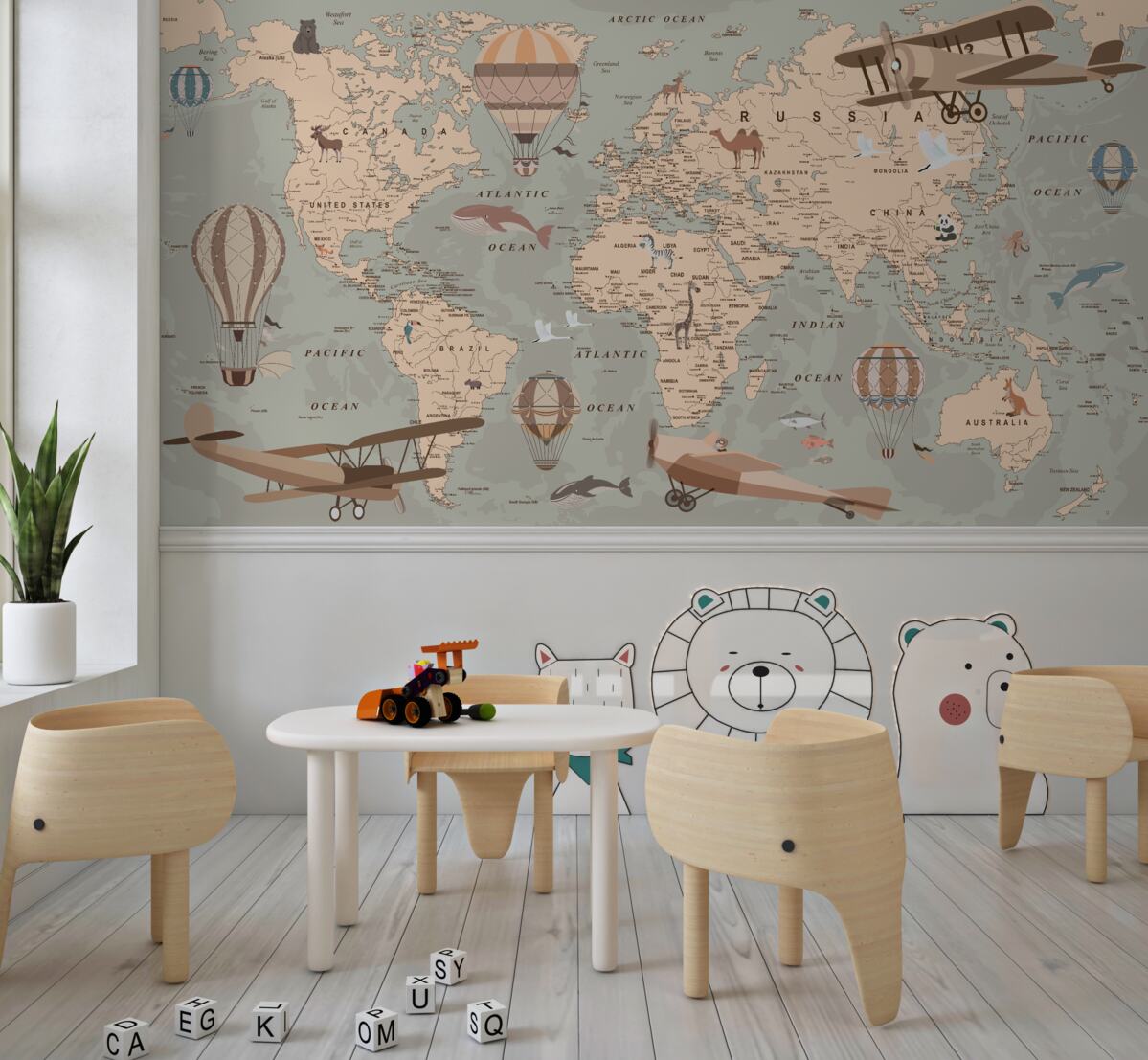 Fototapeta Mapa świata ze zwierzętami i transportem