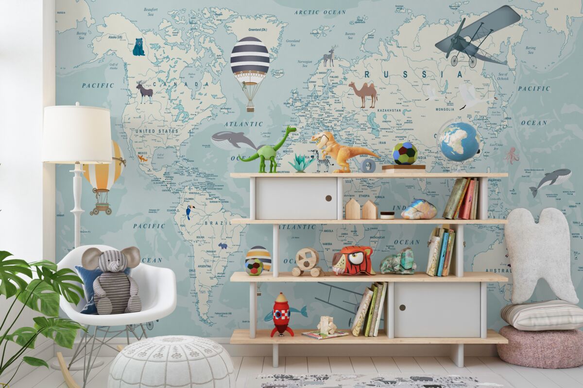 Fototapeta Mapa świata z transportem i mieszkańcami