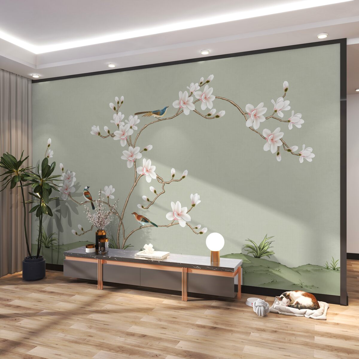 Fototapeta Cienkie drzewo z kwiatami i ptakami