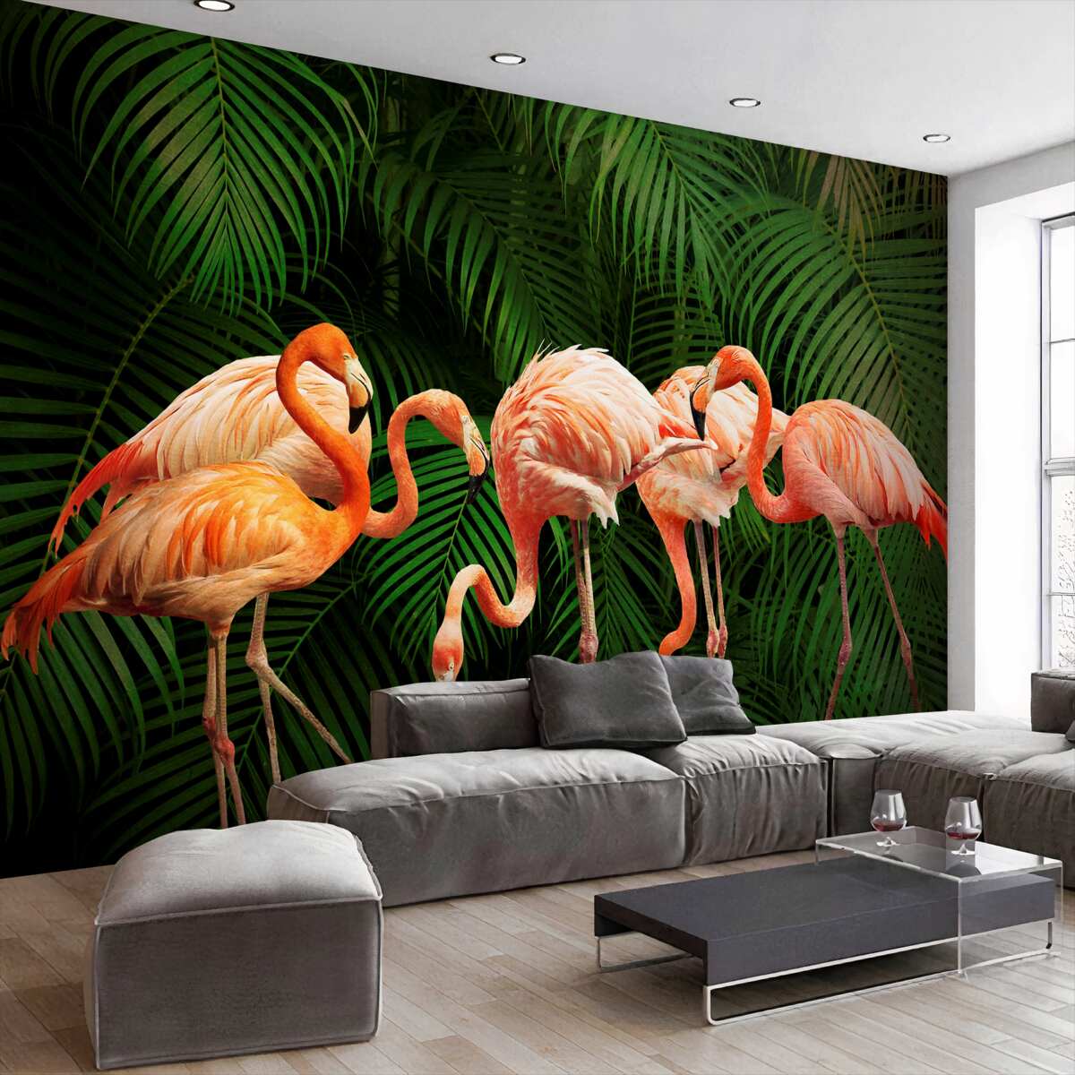 Fototapeta Różowy flaming w zielonym lesie