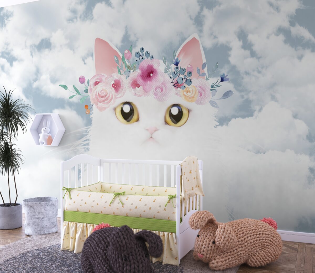 Fototapeta Kot w kwiatach na tle chmur