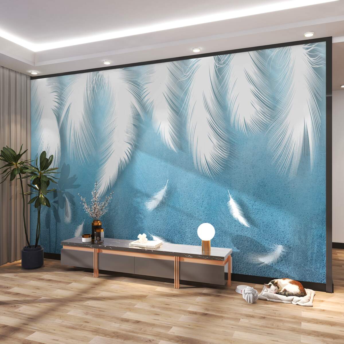 Fototapeta Białe pióra spadające na niebieskim tle