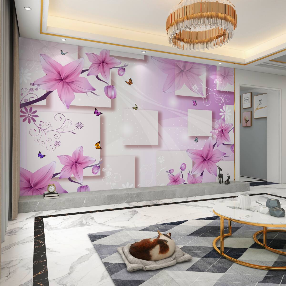 Fototapeta Jasne fioletowe kwiaty na geometrycznych kształtach