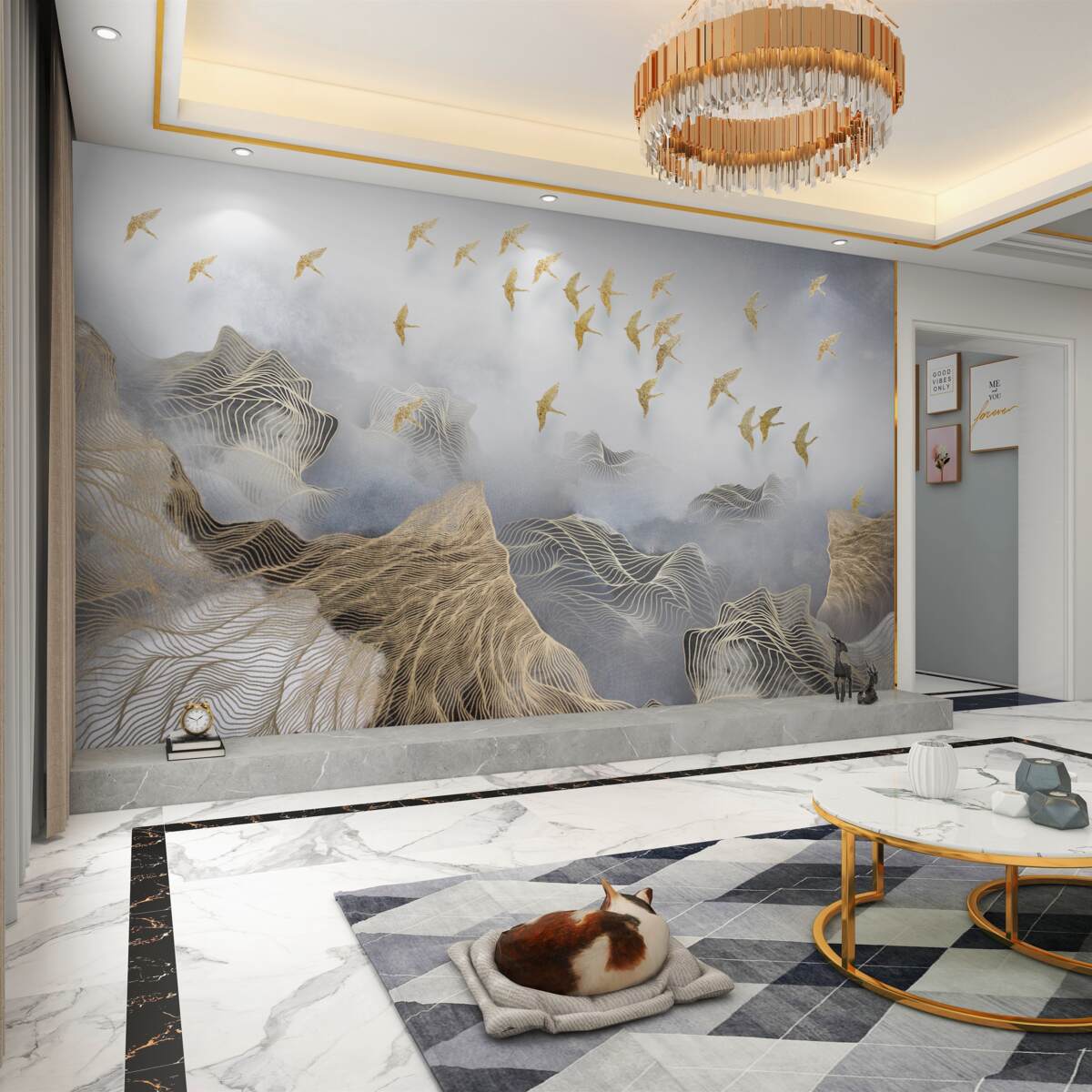 Fototapeta Streszczenie góry i ptaki we mgle