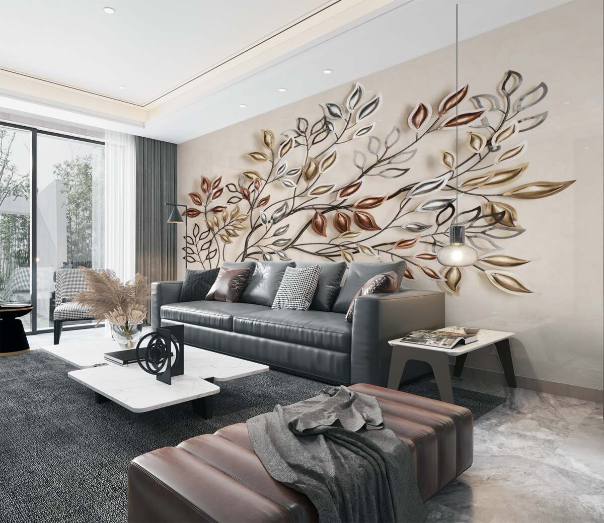 Fototapeta Gałąź z metalowymi liśćmi