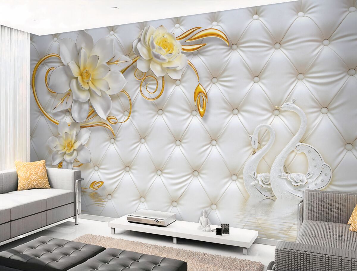 Fototapeta Biała tekstura materiału i kwiaty