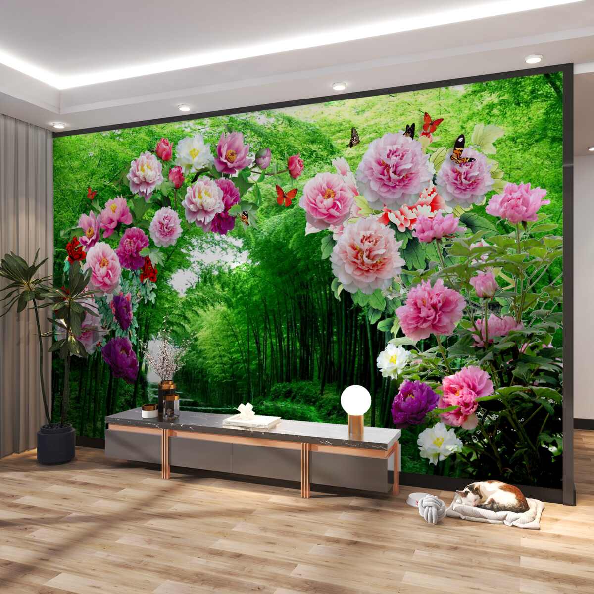 Fototapeta Zielony bambusowy lis i kwiaty