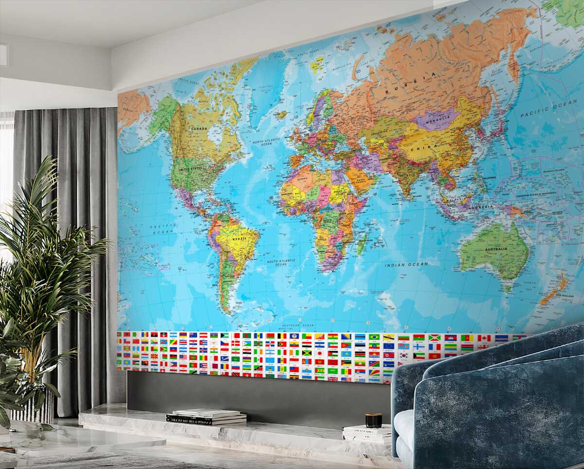 Fototapeta Mapa polityczna świata z flagami