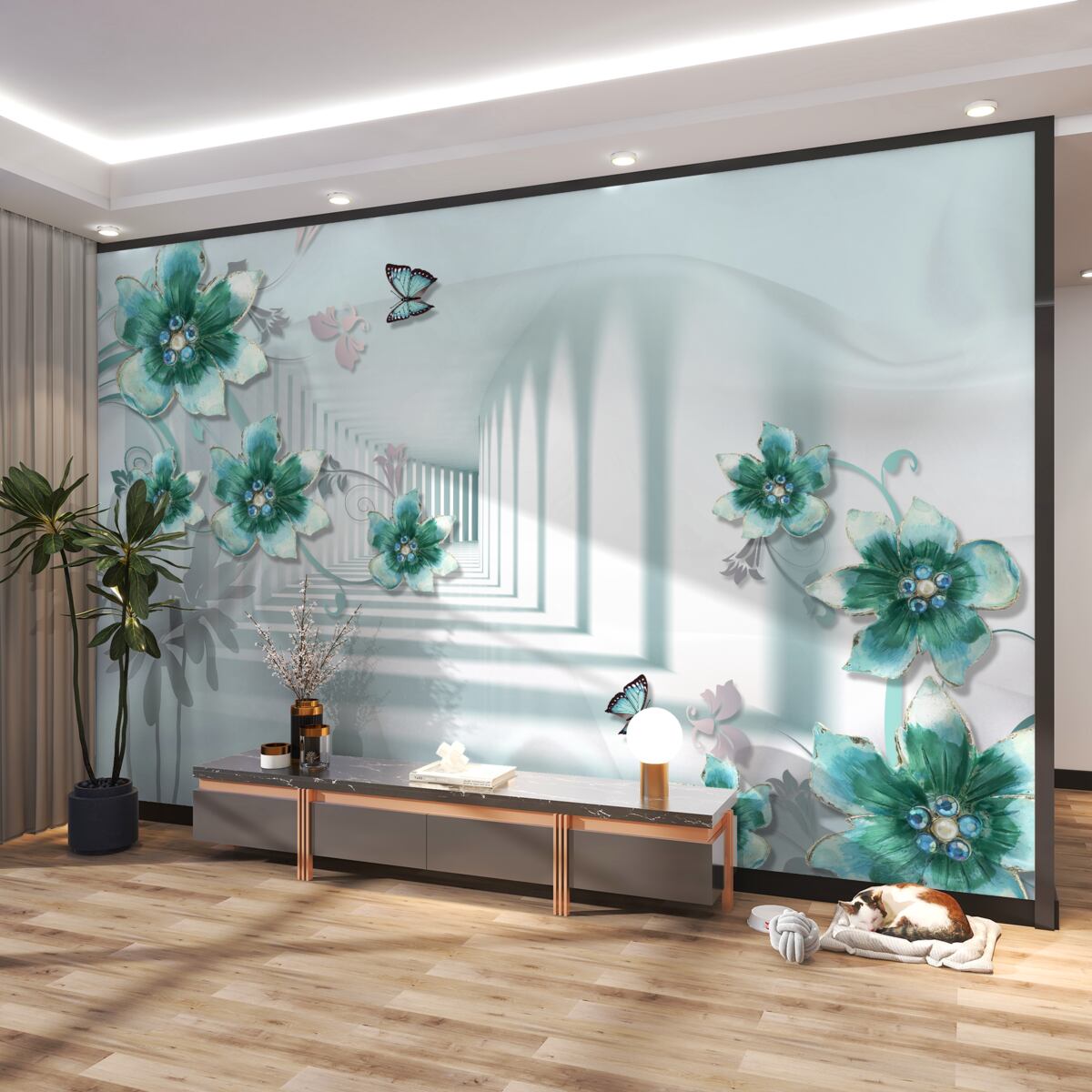 Fototapeta Tunel 3D z zielonymi kwiatami