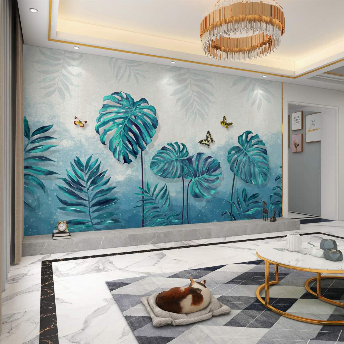 Fototapeta Niebieskie liście monstery z motylami