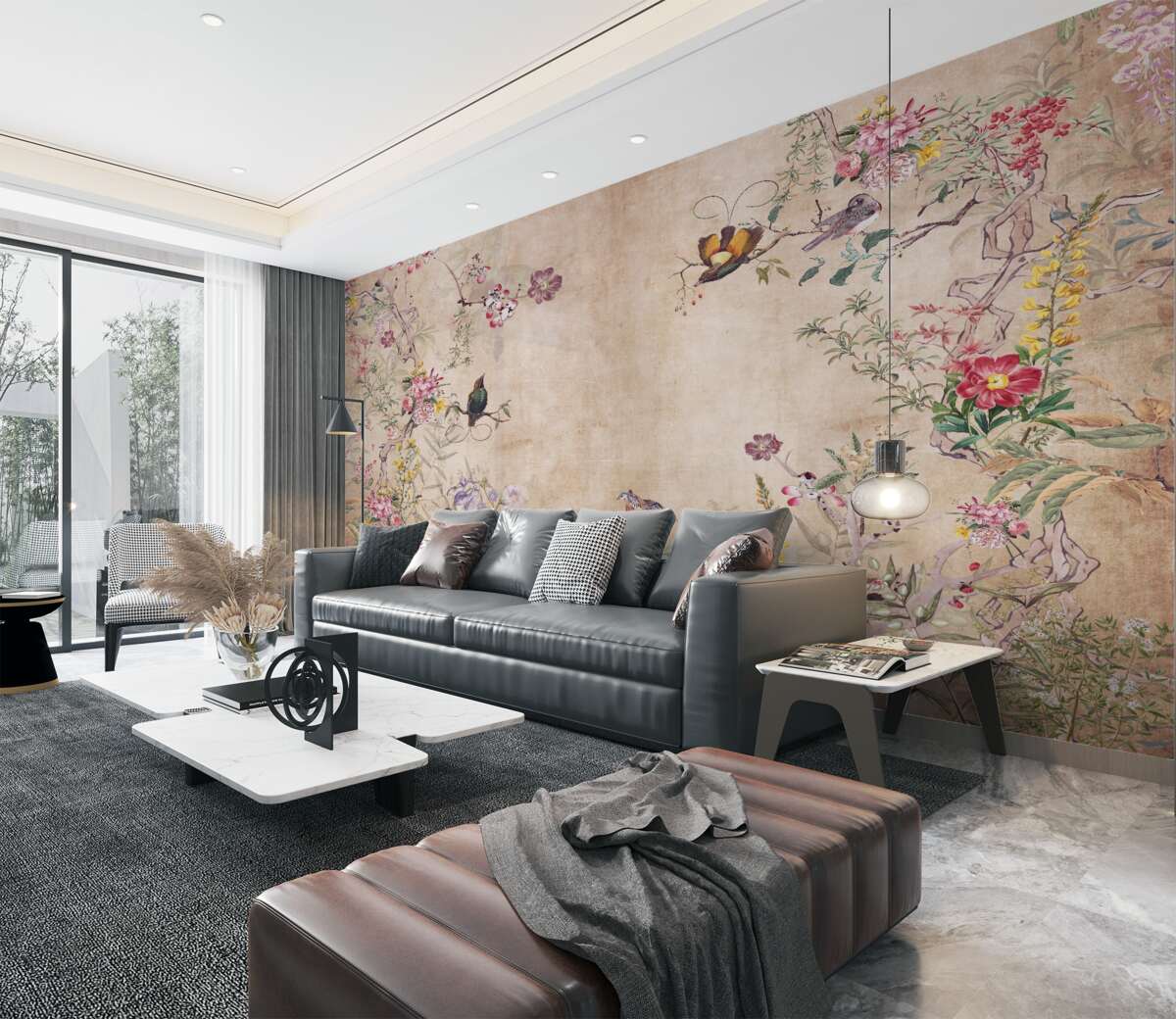 Fototapeta Ptaki na gałęziach z kwiatami