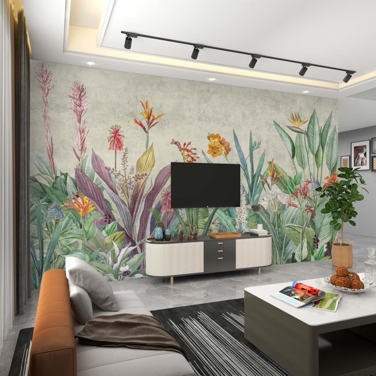 Fototapeta Tropikalna zieleń z kwiatami