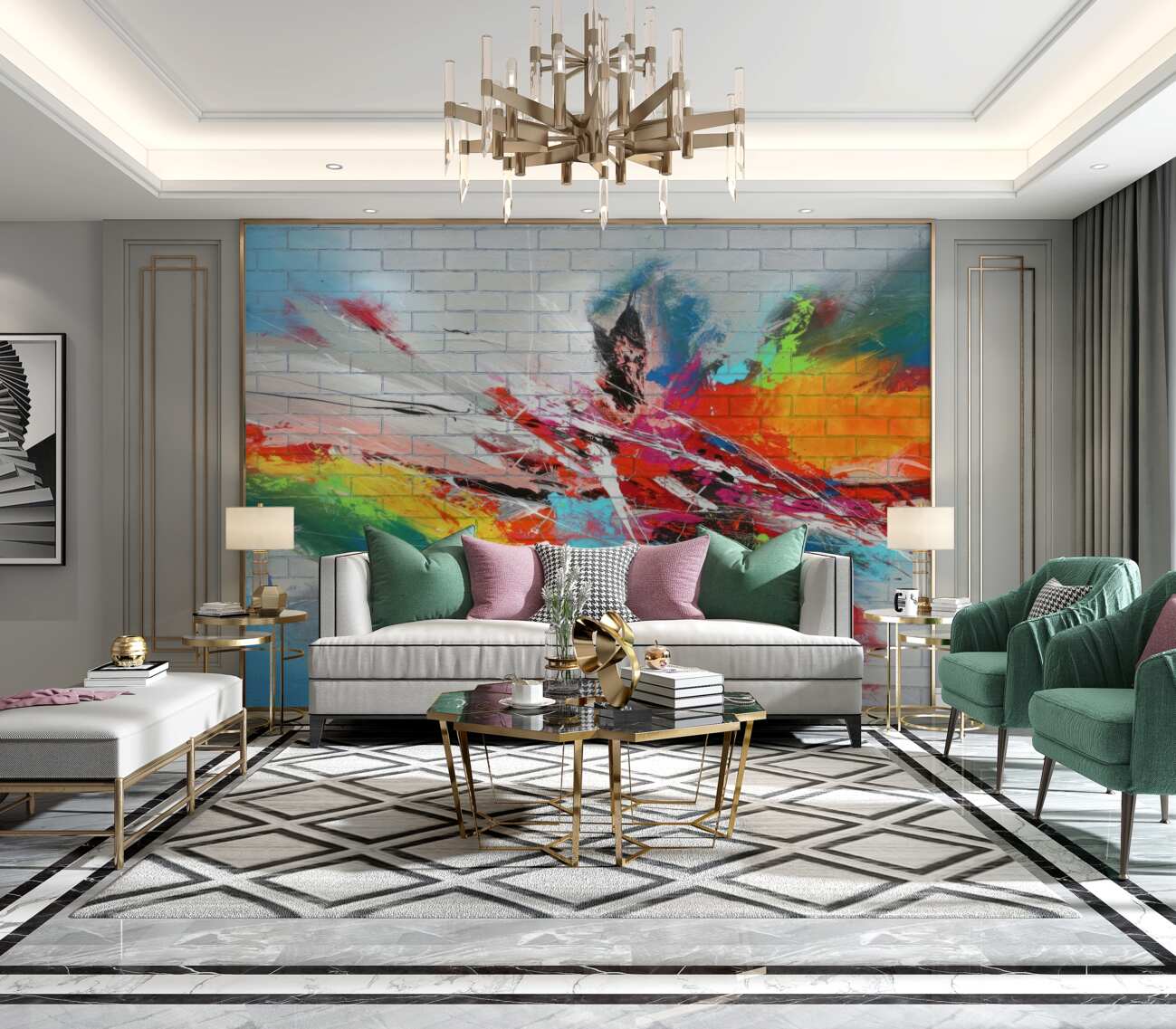 Fototapeta Eksplozja farb na tle ceglanej ściany